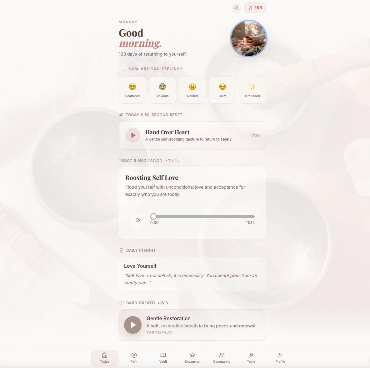 The Inner Return app home screen with mood check-in, daily reset and meditation player