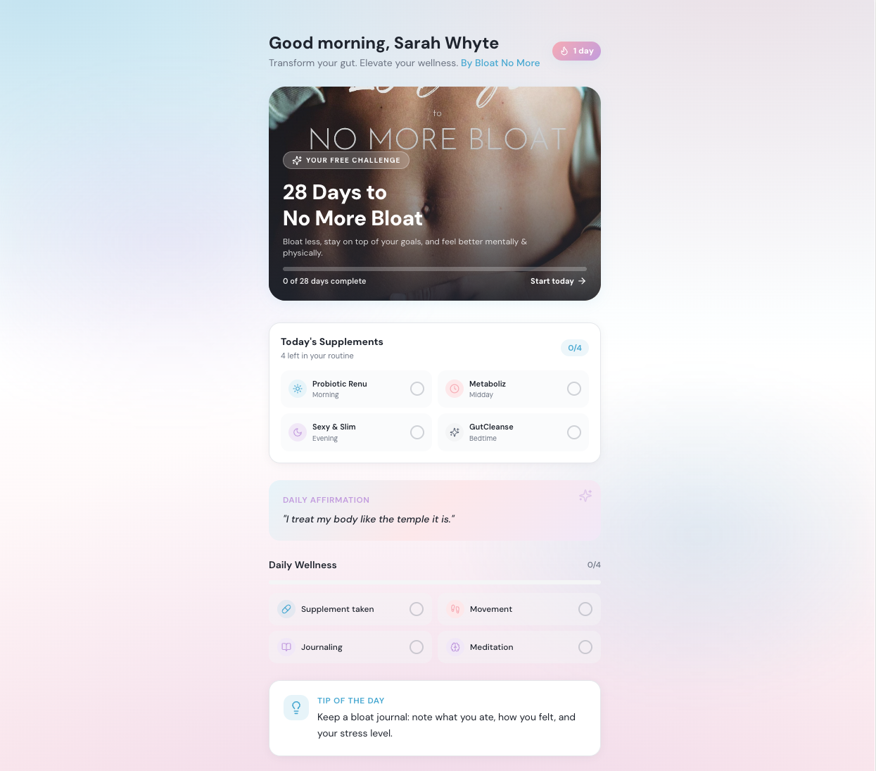 Elevate Your Wellness dashboard with 28-day challenge, supplement tracker and daily wellness habits